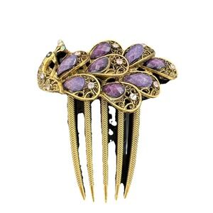Peacock beads & Rhinestones Hair Comb purple , black and AB gold tone